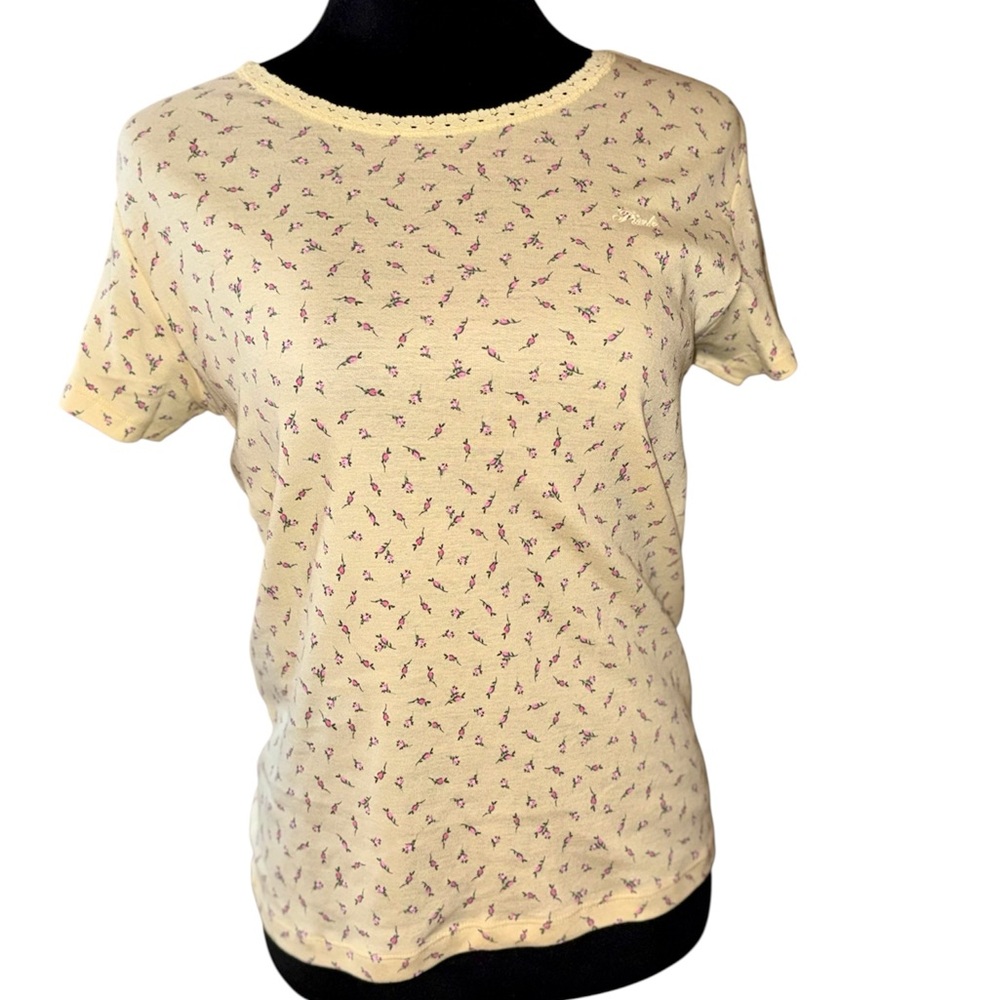 PINK Victoria's Secret yellow Short Sleeve Tee with Pink Floral Print